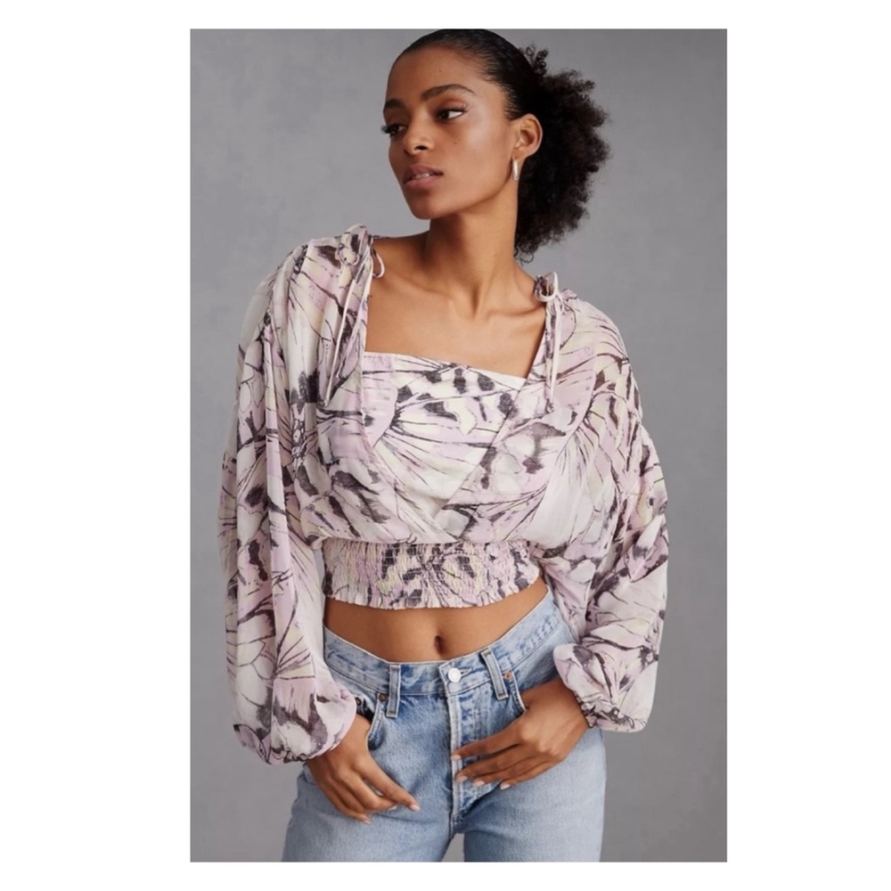 BY ANTHROPOLOGIE Sheer Peasant Floral Crop Top Bohemian Blouse in Purple Motif S
